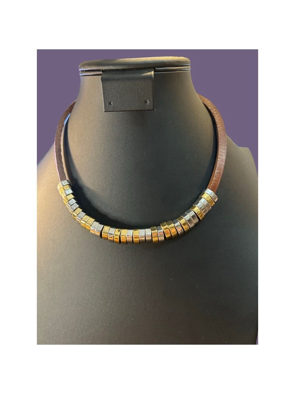 Women's J. Crew Leather & Metal Bead Necklace Brown/Gold One Size
